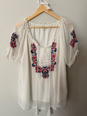 Cato White Embroidered Peasant Blouse with Tassel Tie